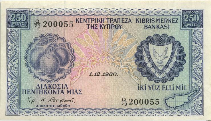 Zypern / Cyprus P.41c 250 Mils 1.12.1980 (3+) 