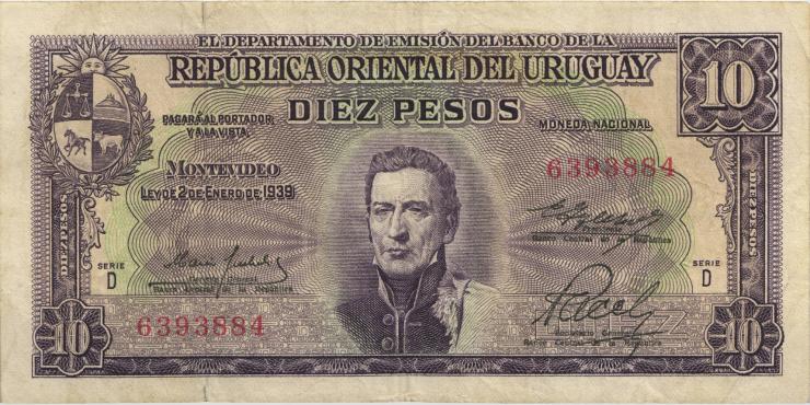 Uruguay P.042a 10 Pesos L 1939 (1967) (3) 