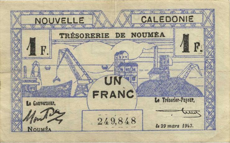 Neu Kaledonien / New Caledonia P.55 1 Franc 1943 (3+) 