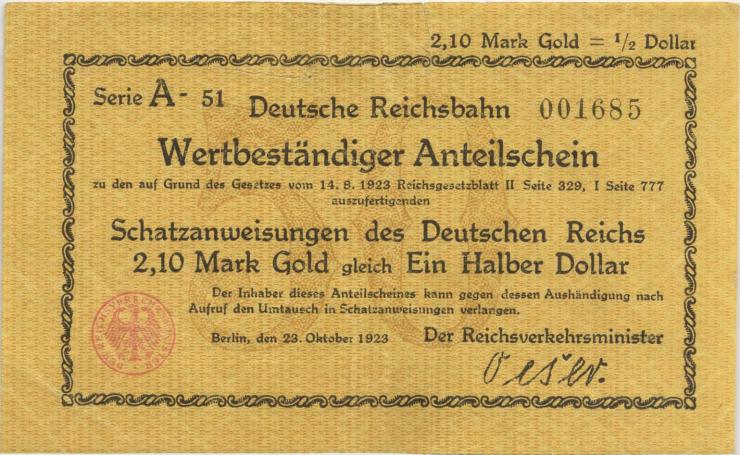 RVM-25 Reichsbahn Berlin 2,10 Mark Gold = 1/2 Dollar 23.10.1923 (3) 