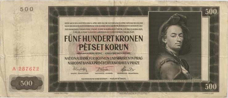R.565a: Böhmen & Mähren 500 Kronen 1942 A (3-) 