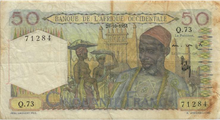 Franz. Westafrika / French West Africa P.39 50 Francs 1954 (3-) 