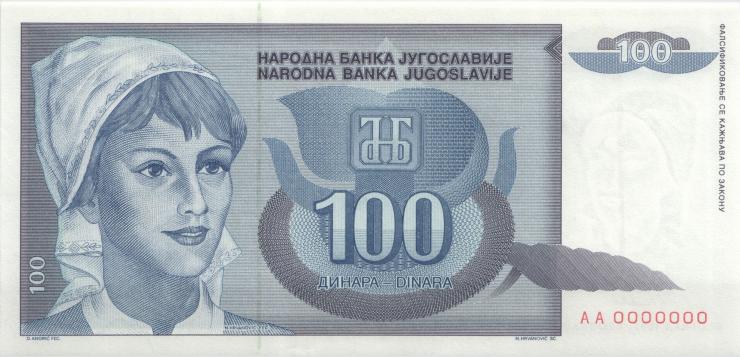 Jugoslawien / Yugoslavia P.112s 100 Dinara 1992 Specimen (1) 