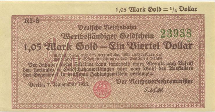 RVM-27a Reichsbahn Berlin 1,05 Mark Gold = 1/4 Dollar 1923 RI (2) 