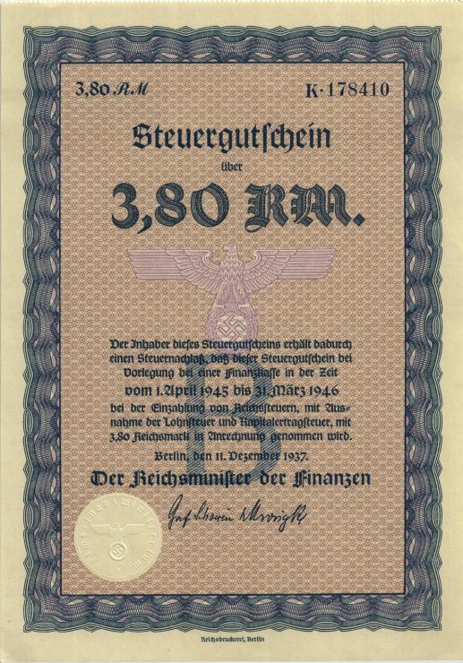 Steuergutschein 3,80 Reichsmark 1937 (1945) (1) Serie B 