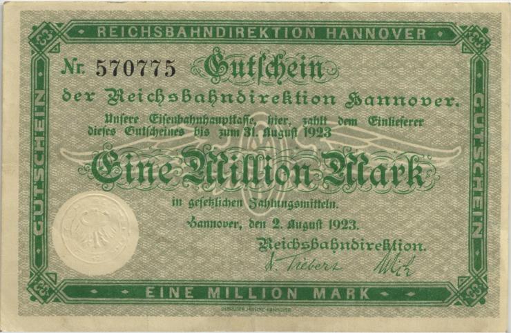 PS1255a Reichsbahn Hannover 1 Millionen Mark 1923 mit KN (2) 
