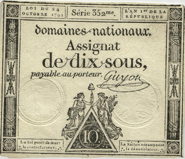Frankreich / France P.A053 Assignat 10 Sols 1792 (3+) 