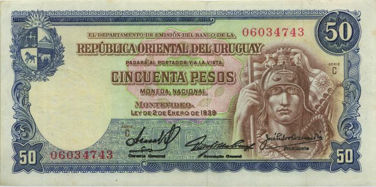 Uruguay P.038b 50 Pesos 1939 (3+) U.2 