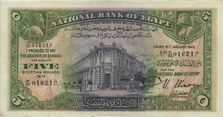 Ägypten / Egypt P.019c 5 Pounds 16.1.1945 (3+) 