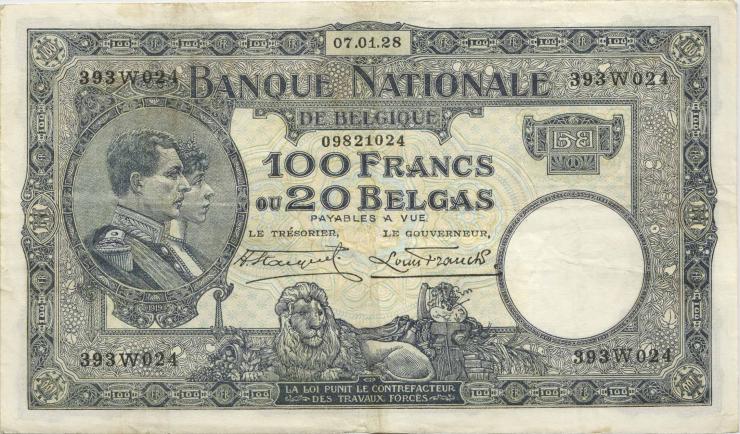 Belgien / Belgium P.102 100 Francs = 20 Belgas 7.1.1928 (3+) 