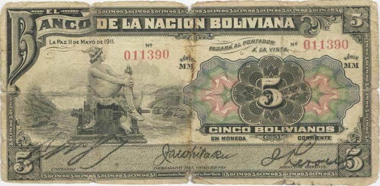Bolivien / Bolivia P.105b 5 Bolivianos 1911 (6) Serie MM 