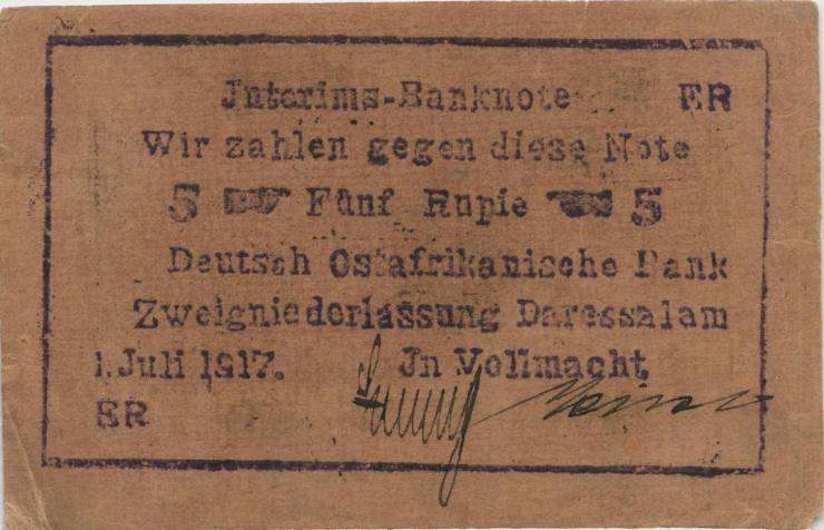 R.937c: Deutsch-Ostafrika 5 Rupien 1915 Buschnote (2/1) 