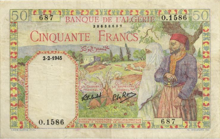 Algerien / Algeria P.087 50 Francs 1945 (3+) 