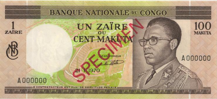 Kongo / Congo P.012s2 1 Zaire = 100 Makuta 21.1.1970 Specimen (1) 