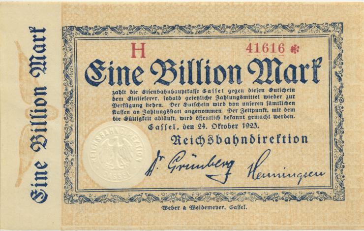 PS1168 Reichsbahn Kassel 1 Billion Mark ohne No. Knr * 1923 (1) 
