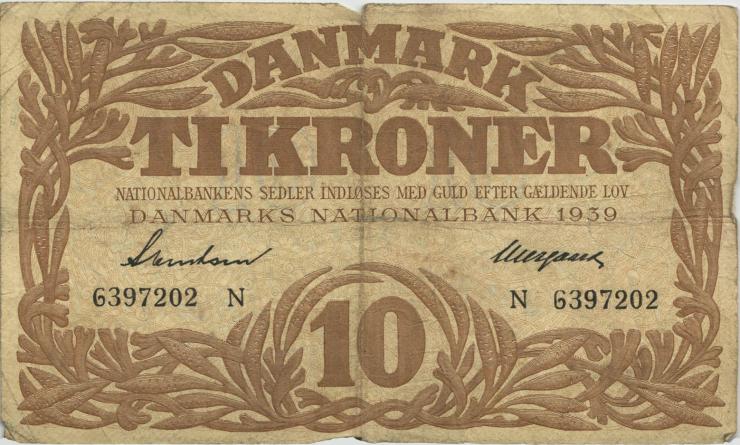 Dänemark / Denmark P.31e 10 Kroner 1939 N (3-) 