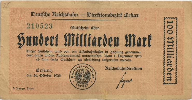 PS1209 Reichsbahn Erfurt 100 Milliarden Mark 1923 (3-) 