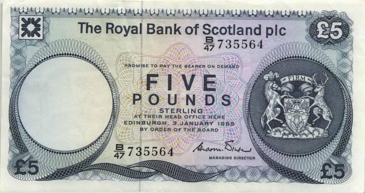 Schottland / Scotland P.342c 5 Pounds 1985 (3+) 