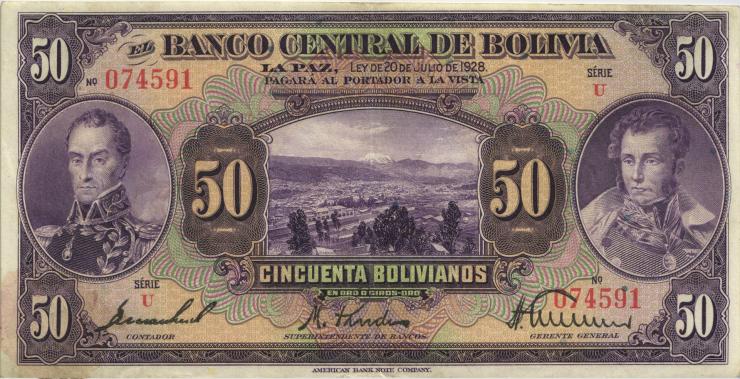 Bolivien / Bolivia P.124 50 Bolivianos L. 1928 (2) 