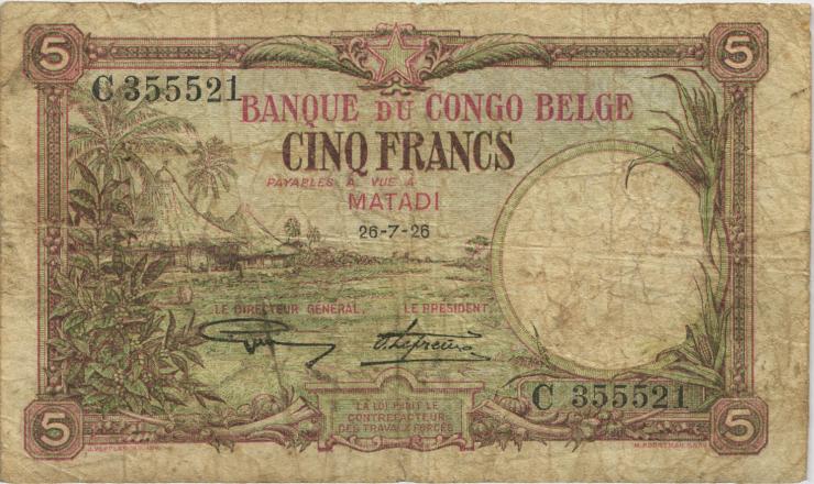 Belgisch-Kongo / Belgian Congo P.08c 5 Francs 20.7.1926 (4) Matadi 