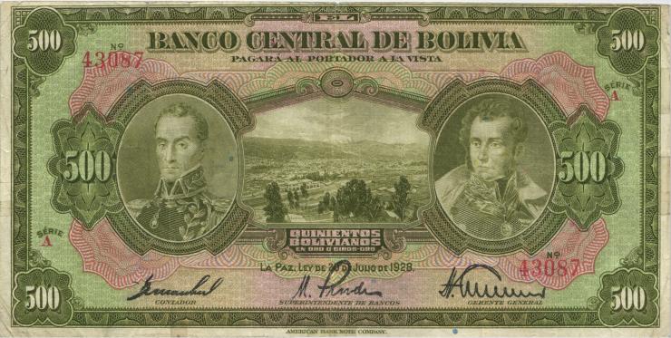 Bolivien / Bolivia P.126 500 Bolivianos L. 1928 (3-) 