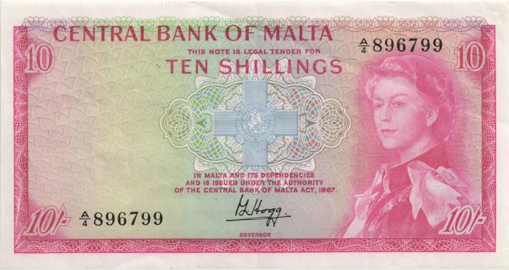 Malta P.28 10 Shillings 1967 (3+) 
