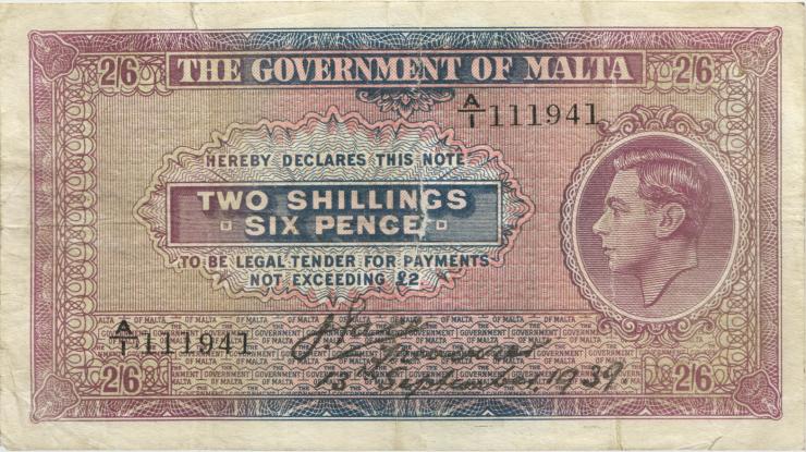 Malta P.11 2 Shillings / 6 Pence 13.9.1939 (4) 