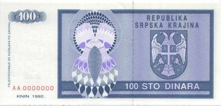 Kroatien Serb. Krajina / Croatia P.R03s 100 Dinara 1992 (1) Specimen 