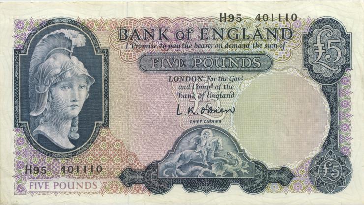 Großbritannien / Great Britain P.372 5 Pfund (1961-63) (3+) 