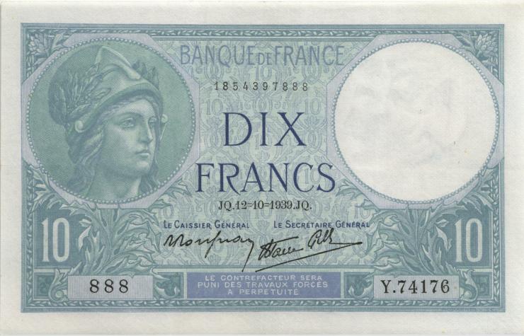 Frankreich / France P.084 10 Francs 12.10.1939 (2+) 
