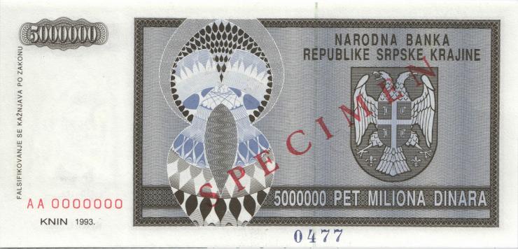 Kroatien Serb. Krajina / Croatia P.R11s 5 Millionen Dinara 1993 (1) Specimen 