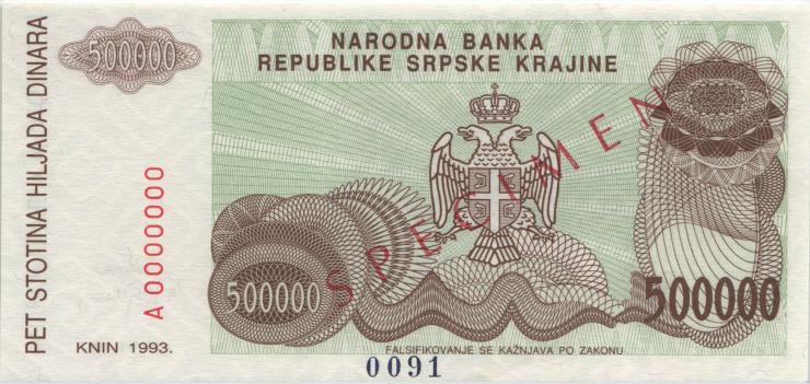 Kroatien Serb. Krajina / Croatia P.R23s 500.000 Dinara 1993 (1) Specimen 