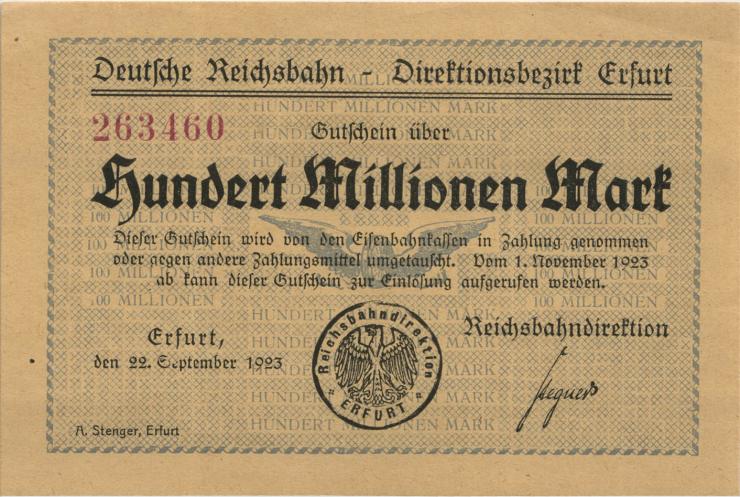 PS1205 Reichsbahn Erfurt 100 Millionen Mark 1923 (1-) 