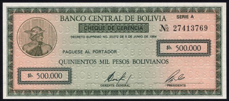 Bolivien / Bolivia P.189 500.000 Pesos Bolivianos 1984 (1) 