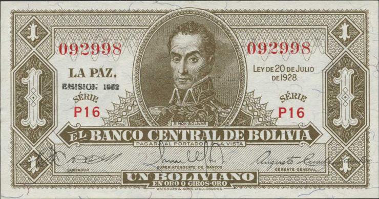 Bolivien / Bolivia P.128c 1 Boliviano L. 1928/1952 (1) 