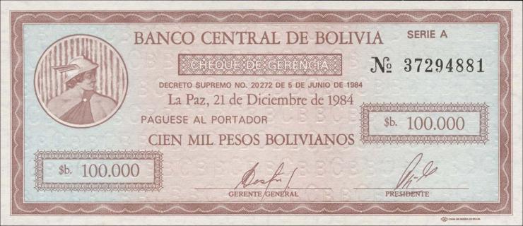 Bolivien / Bolivia P.188 100.000 Pesos Bolivianos 1984 (1) 
