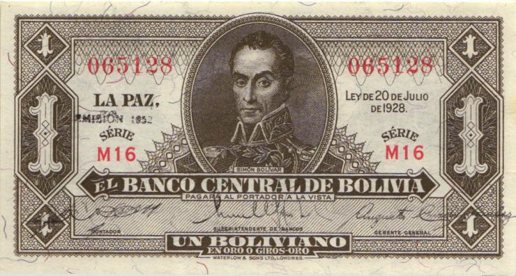 Bolivien / Bolivia P.128b 1 Boliviano L. 1928/1951 (1) 