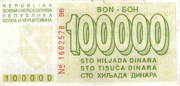 Bosnien & Herzegowina / Bosnia P.031 100.000 Dinara 1993 (3-) 