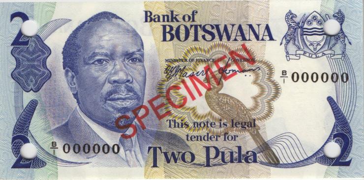 Botswana P.02s 2 Pula (1976) Specimen B/1 000000 (1) 