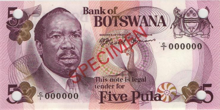 Botswana P.03s 5 Pula (1976) Specimen C/1 000000 (1) 
