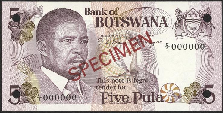 Botswana P.08s1 5 Pula (1982) Specimen C/5 000000 (1) 