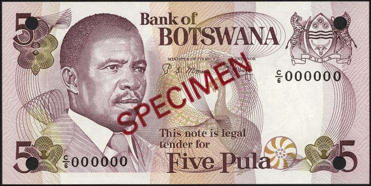 Botswana P.08s2 5 Pula (1982) Specimen C/6 000000 (1) 