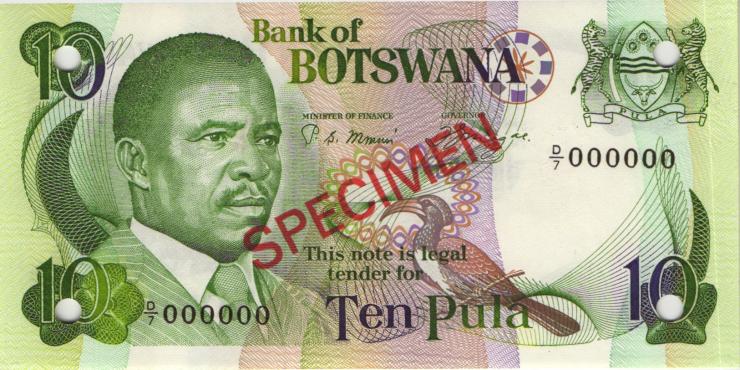 Botswana P.09s1 10 Pula (1982) Specimen D/7 000000 (1) 