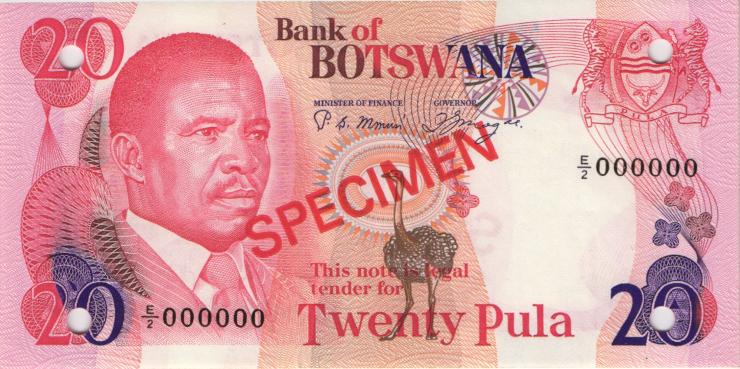 Botswana P.10s1 20 Pula (1982) Specimen E/2 000000 (1) 