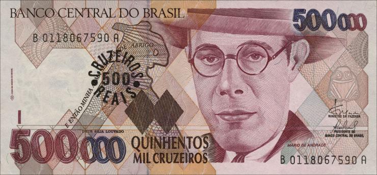 Brasilien / Brazil P.239b 500 Reais auf 500.000 Cruz. (1993) (1) 