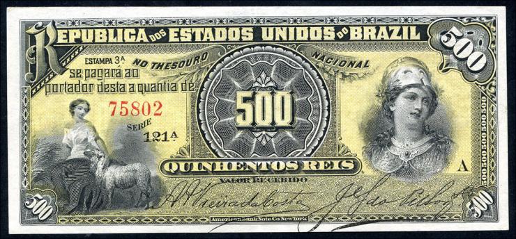 Brasilien / Brazil P.001b 500 Reis (1893) (2) 