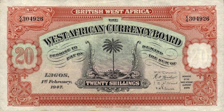 British West Africa P.08b 20 Shillings 1947 (3+) 