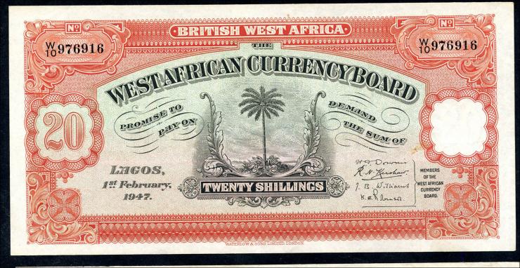 British West Africa P.08b 20 Shillings 1947 (2) 