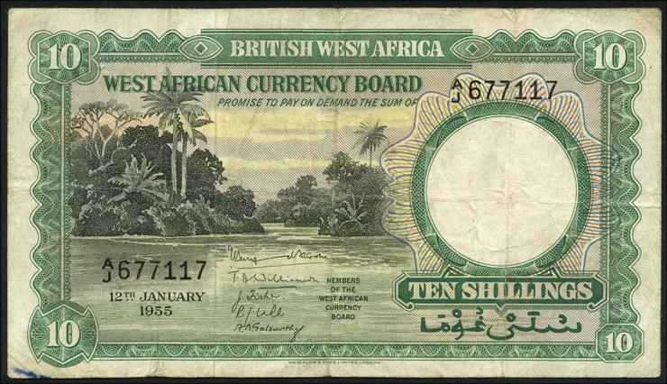 British West Africa P.09 10 Shillings 1955 (3-) 