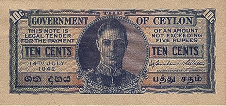 Ceylon P.43b 10 Cents 23.12.1943 (3) 